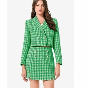 Cicy Bell Womens Green Cropped Tweed Blazer Skirt Set Suit M Tweed Houndstooth
